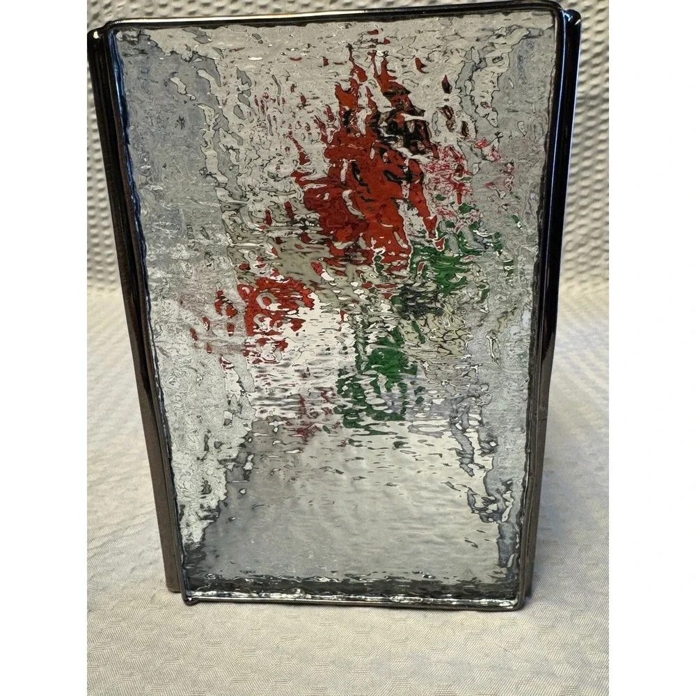 Stained Rectangle Glass and‎ Metal Cardinal Candle Holder Holly Berry Red Bird